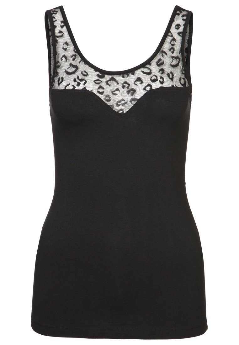 Svart linne med en genomskinlig leopardmönstrad nätpanel vid halsen, med en figurnära design och breda axelband.
