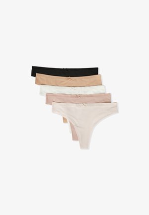 Fünf nahtlose Damen-Strings in Schwarz, Beige, Weiß, Pink und Hellrosa, jeweils mit einer kleinen Schleifendetail vorne.