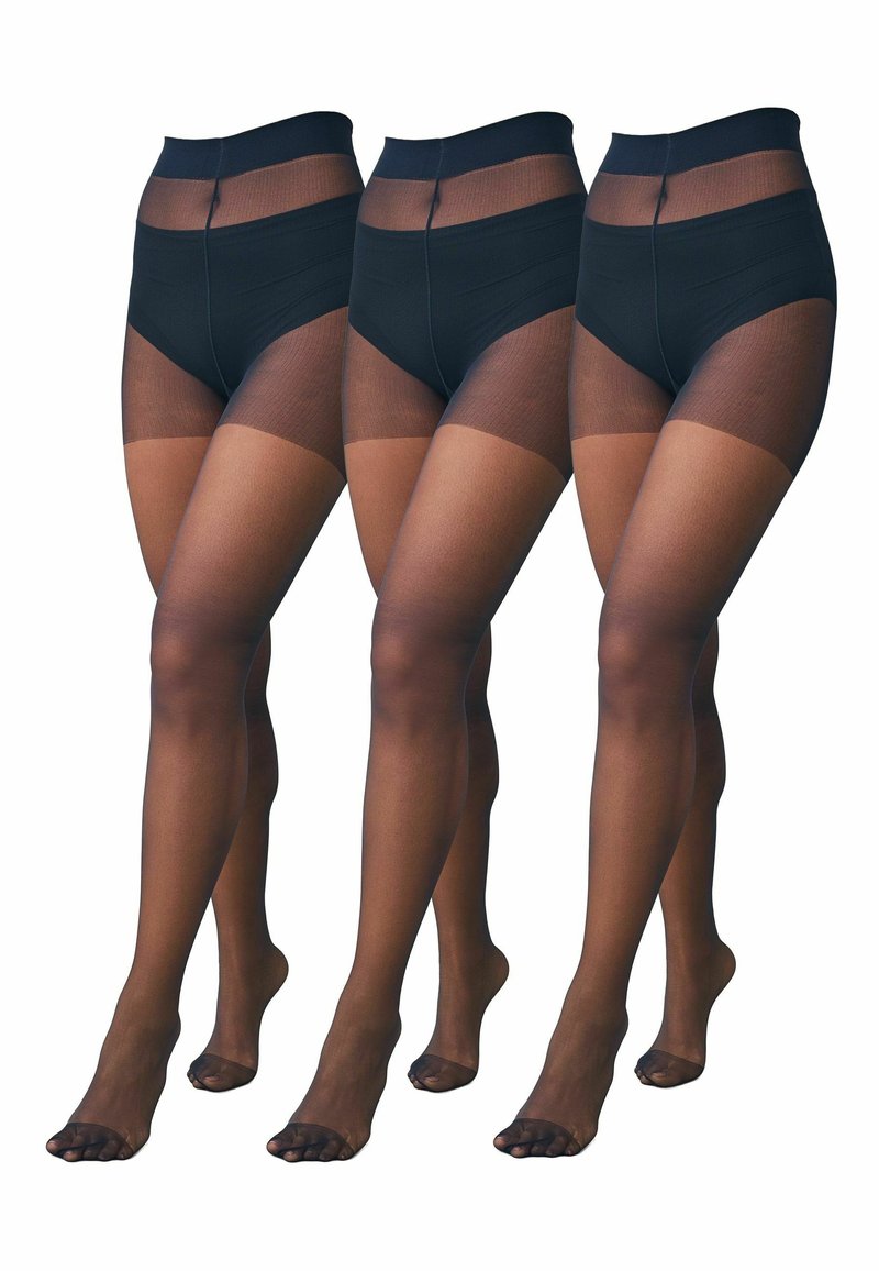 Sorte gennemsigtige strømpebukser med høj talje. Benene har en glat tekstur, der går over i en mørkere nuance ved lårene og fødderne.