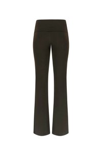 Pantalon évasé taille haute brun foncé avec une ceinture lisse, vu de dos sur fond blanc.