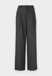 Graue weite Hose aus strukturiertem Stoff, mit vorderen Falten, hohem Bund und einem taillierten Schnitt für ein strukturiertes Erscheinungsbild.