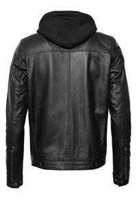 Schwarze Lederjacke mit abnehmbarem schwarzen Kapuzen. Zu den Merkmalen gehören Frontreißverschlüsse, Druckknopfverschlüsse und gestickte Details auf dem Rücken und den Ärmeln.