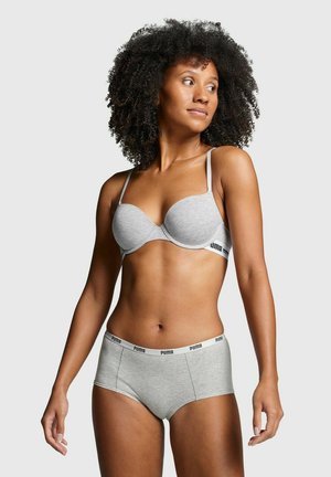 Grau gepolsterter BH mit verstellbaren Trägern und dazu passenden grauen High-Waist-Höschen. Beide haben ein schwarzes Puma-Logo am Taillenbund.