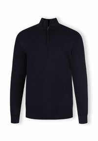Marineblauer Pullover mit hohem Kragen und kurzem Reißverschluss. Hat lange Ärmel und eine glatte, gleichmäßige Textur. Minimalistisches Design.