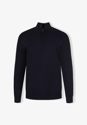 Marineblauwe pullover trui met een hoge kraag en korte ritssluiting. Heeft lange mouwen en een gladde, gelijkmatige textuur. Minimalistisch ontwerp.