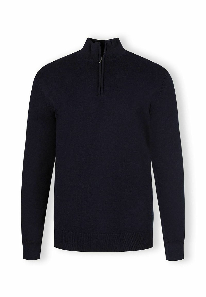 Marineblauer Pullover mit hohem Kragen und kurzem Reißverschluss. Hat lange Ärmel und eine glatte, gleichmäßige Textur. Minimalistisches Design.