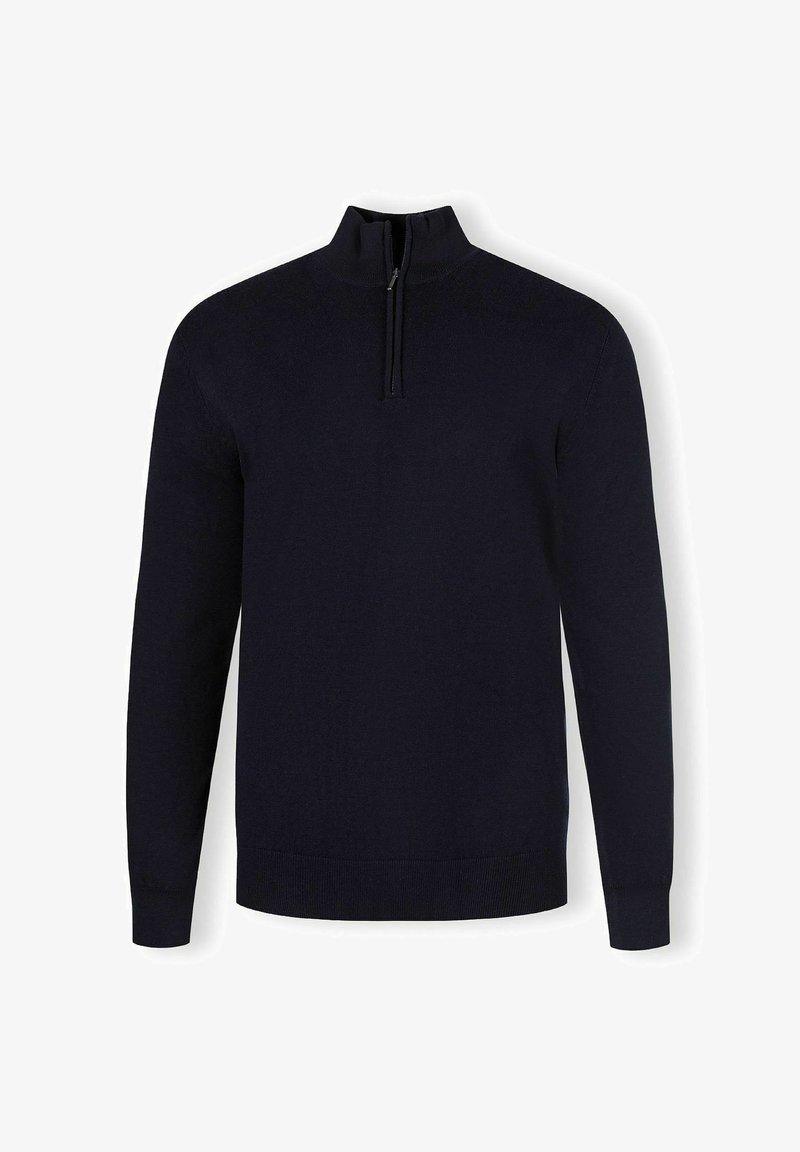 Pulover bleumarin cu guler înalt și fermoar scurt. Are mâneci lungi și o textură netedă și uniformă. Design minimalist.