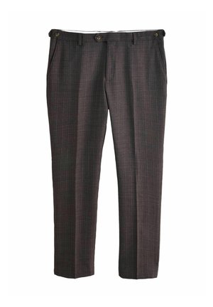 Tummanharmaat viileät housut hienovaraisella ruutukuvioinnilla, edessä nappikiinnitys ja sivutaskut, aseteltu tasaisesti valkoiselle taustalle.