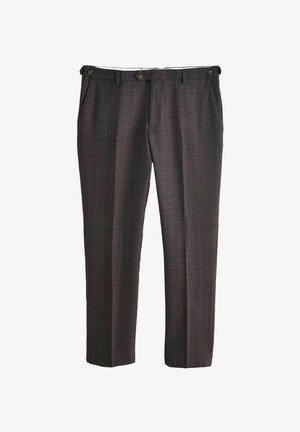 Mørkegrå formelle bukser med subtilt vinduesrude-mønster, forknap og sidelommer, vist fladt på en hvid baggrund.