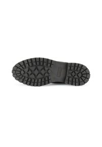 Suela de bota de goma negra con profundos surcos y bordes curvados, que presenta un logo grabado y patrones texturizados para mayor tracción. Talla 37.