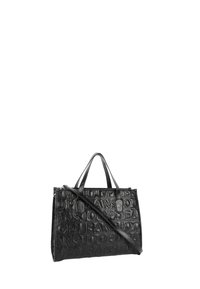 Borsa a tracolla in pelle nera con motivo a logo impresso, manici superiori doppi e tracolla removibile. Forma rettangolare con un design strutturato.