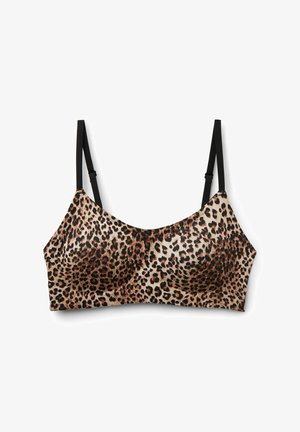 Soutien-gorge bralette à imprimé léopard avec bretelles réglables noires sur fond blanc.