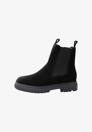 Schwarzer Wildleder-Chelsea-Stiefel mit elastischen Seitenteilen, Zuglaschen am Knöchel und dicker Gummisohle mit Profil.