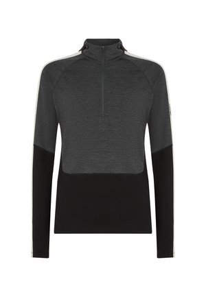 Herren Langarm-Sportpullover mit halbem Reißverschluss, obendunkelgrau, unter Schwarz und hellgrauen Seiteneinsätzen.