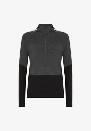 Pánský sportovní pulovr s dlouhým rukávem a polovičním zipem, tmavě šedá horní část, černá dolní část a světle šedé boční pruhy.