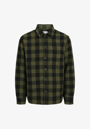 Camicia di flanella a scacchi verdi e neri con bottone frontale, colletto, una tasca sul petto e maniche lunghe. Tessuto morbido con un aspetto accogliente.