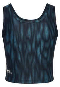 Haut court athlétique noir et bleu en tissu lisse, avec un col arrondi et un motif ondulé, muni d'un détail logo à l'ourlet.