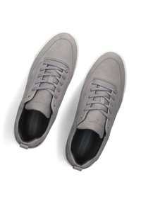 Een paar grijze casual sneakers met veters, witte zolen en merkinzetten, weergegeven vanuit een bovenaanzicht op een witte achtergrond.