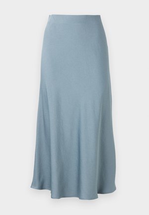 Light blue, ankle-length satin skirt with a slight flare and high waist, displayed on a plain white background.