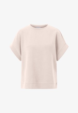 Sudadera de color rosa claro con mangas cortas enrolladas, escote redondo, textura suave y corte holgado. Presenta un dobladillo recto en la parte inferior.