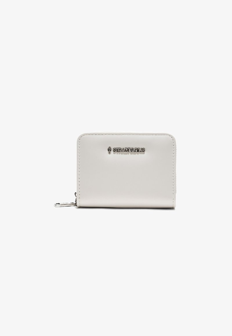 Petit portefeuille rectangulaire beige avec fermeture éclair et logo métallique Stradivarius sur le devant.