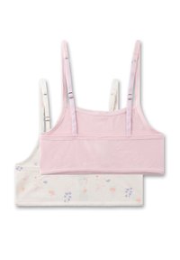 Zwei Bralettes: eines in einem einfarbigen Pink, das andere in Creme mit pastellfarbenen Blumenmustern. Beide haben verstellbare Träger und Spitzenbesatz entlang der Ränder.