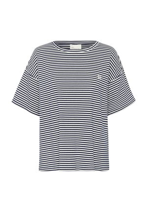 Striped t-shirt with navy and white horizontal stripes, short wide sleeves, and a round neckline. Features a small logo on the chest.