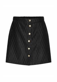 Sort nederdel med et tekstureret bølgemønster, elastisk talje og seks guldtonede knapper foran. Kort, A-formet design.