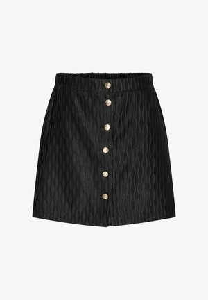 Svart skjørt med teksturert bølgemønster, elastisk midjebånd og seks gullfargede knapper nedover fronten. Kort, A-formet design.