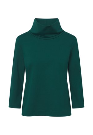 Top de manga larga en color verde azulado con cuello de embudo. Confeccionado en un tejido suave y elástico, presenta un ajuste holgado y un diseño versátil ideal para superponer.