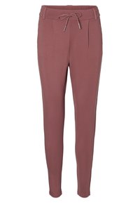 Pantalons ajustés en rose poussiéreux fabriqués à partir d'un tissu doux. Ils sont dotés d'une taille élastique avec cordon de serrage et de deux plis avant pour un détail de design.