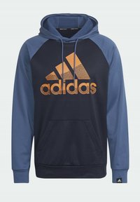 Navy and blue Adidas hoodie with orange logo on front, drawstring hood, and front kangaroo pocket, long sleeves with ribbed cuffs.