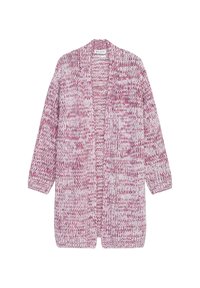 Stickad kofta i nyanser av rosa och vitt, med långa ärmar, en öppen design framtill och en lös passform med en strukturerad mönstring.