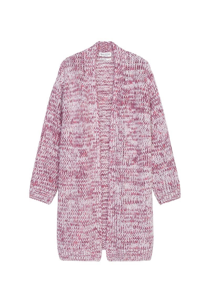 Stickad kofta i nyanser av rosa och vitt, med långa ärmar, en öppen design framtill och en lös passform med en strukturerad mönstring.