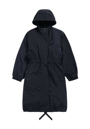 Imperméable long noir à capuche avec poignets élastiques, fermeture éclair frontale, cordon de serrage ajustable à la taille et deux poches frontales.