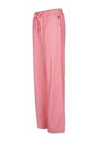 Pantalons larges rose clair en tissu doux, avec des rayures verticales en rose foncé et vert. Taille élastique avec cordon de serrage.