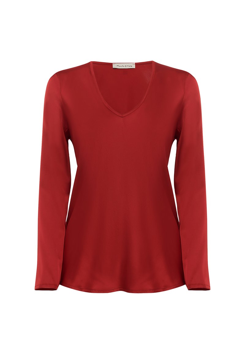 Blusa rossa a maniche lunghe realizzata in tessuto liscio, caratterizzata da un collo a V e una vestibilità rilassata. Design minimale senza motivi o accenti visibili.