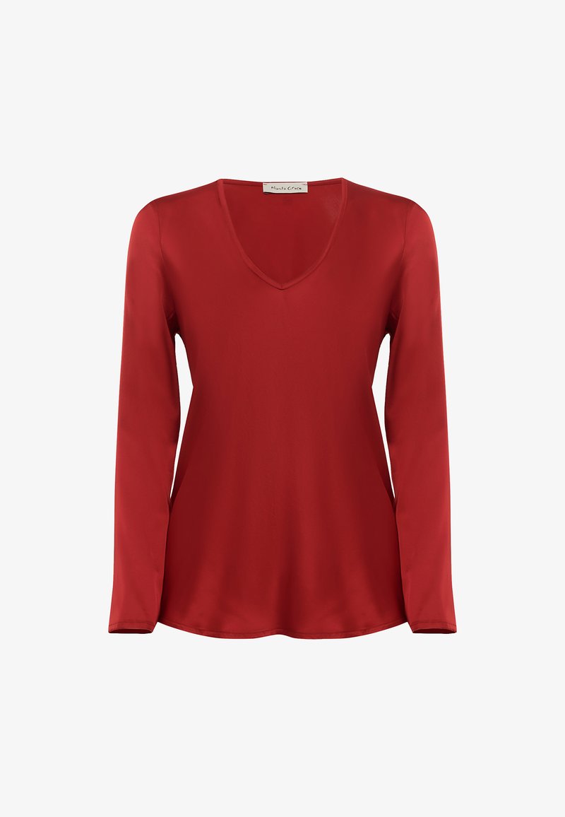 Blusa rossa a maniche lunghe realizzata in tessuto liscio, caratterizzata da un collo a V e una vestibilità rilassata. Design minimale senza motivi o accenti visibili.
