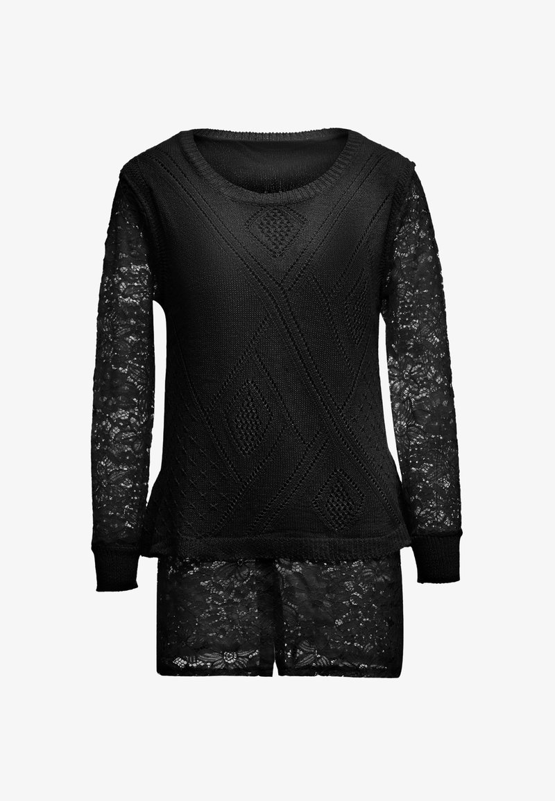 Maglione nero con corpo a maglia texturizzata e maniche lunghe in pizzo. Presenta un collo rotondo e polsini a costine. Mostra intricati motivi in pizzo.
