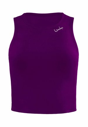 Purple tank top made of smooth fabric with a round neckline and no sleeves. Features a small logo on the front corner.