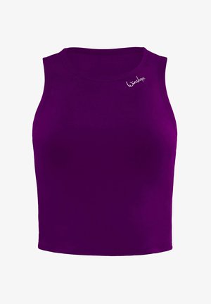 Paarse tanktop van gladde stof met een ronde halslijn en zonder mouwen. Bevat een klein logo op de voorkant in de hoek.