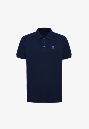 Navy blauwe polo shirt gemaakt van een katoenmix, met een klassieke kraag, een placket met twee knopen en een klein logo op de linkerborst.