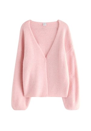 Weiche rosa flauschige Strickjacke mit V-Ausschnitt, langen gepufften Ärmeln und einer lässigen, leicht verkürzten Passform.