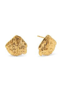 Orecchini a forma di conchiglia in oro con dettagli testurizzati e finitura lucida. Ognuno misura circa 1 pollice, con chiusura a perni.