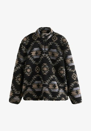 Black and tan zippered pullover made of textured fleece, featuring an abstract, geometric pattern with blue accents.