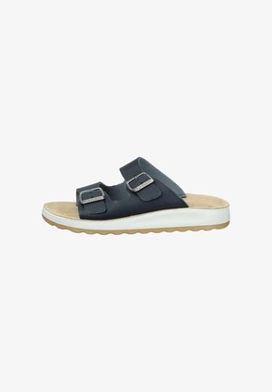 Navy blue slide sandal with two adjustable buckle straps, beige cushioned footbed, white midsole, and tan textured outsole.
