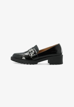 Melni lakoti ādas loafers apavi ar masīvu papēdi, kas aprīkoti ar sudraba sprādzi un strukturētu gumijas zoli papildu saķerei.