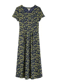 Rochie navy cu mâneci scurte și modele florale în verde deschis. Design în formă de A cu un corp fixat și fustă evazată. Croială de lungime medie.