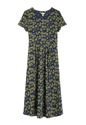 Navy dress with short sleeves and floral patterns in light green. A-line design with a fitted bodice and flared skirt. Mid-length cut.
