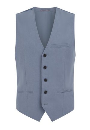 Moška svetlo modra telirana jopa s štirimi črnimi gumbi in tremi vrezanimi žepi, z V-vratnim ovratnikom in strukturiranimi šivi.